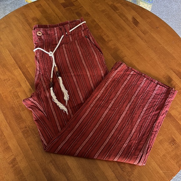 Sundance Catalog Pants Linen Blend Rust Brown Stripe Wide Leg Tie Belt - Picture 6 of 7